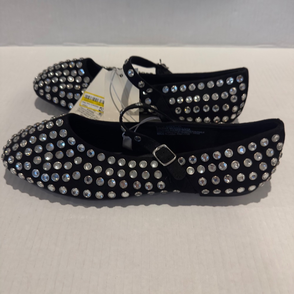 A New Day Issa Rhinestone Mary Jane Flats Black Silver Size 8 NEW